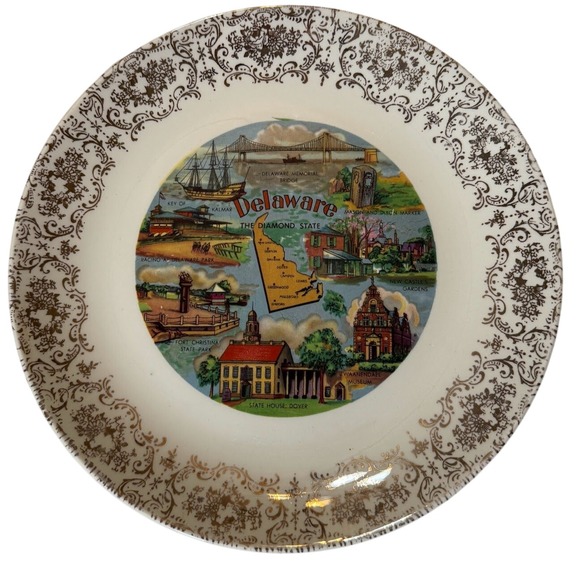 Other - Delaware The Diamond State Vintage Souvenir Plate Gold Filigree Rim 9.25 Inch